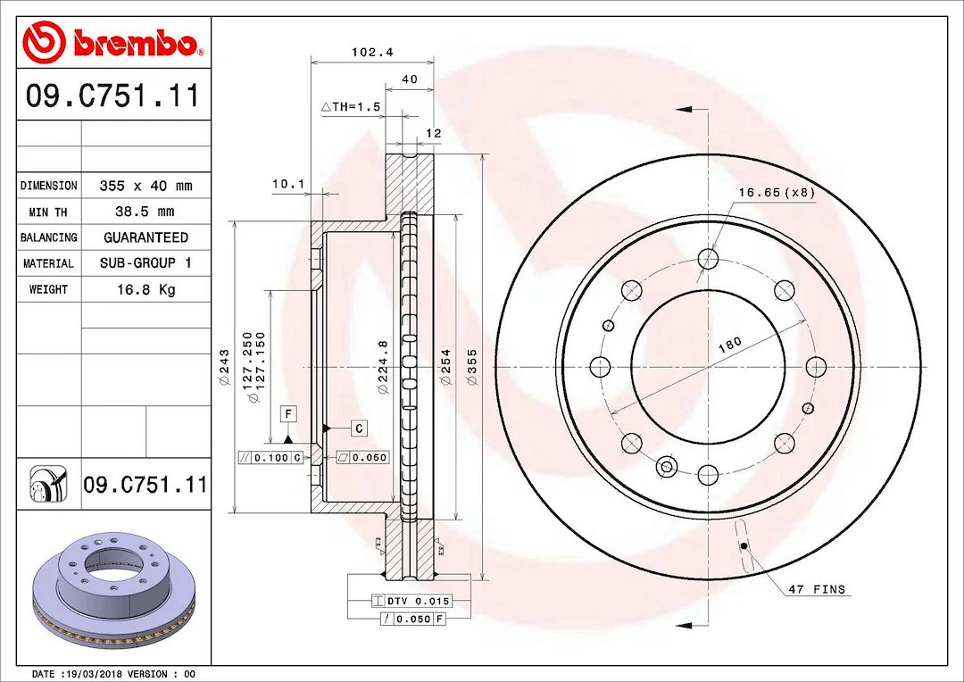 09C75110C02 – BREMBO Brake Rotor, Vented One Piece Design Wheel Bolt Pattern 8 x 180 Millimeter 355 Millimeter Diamet...
